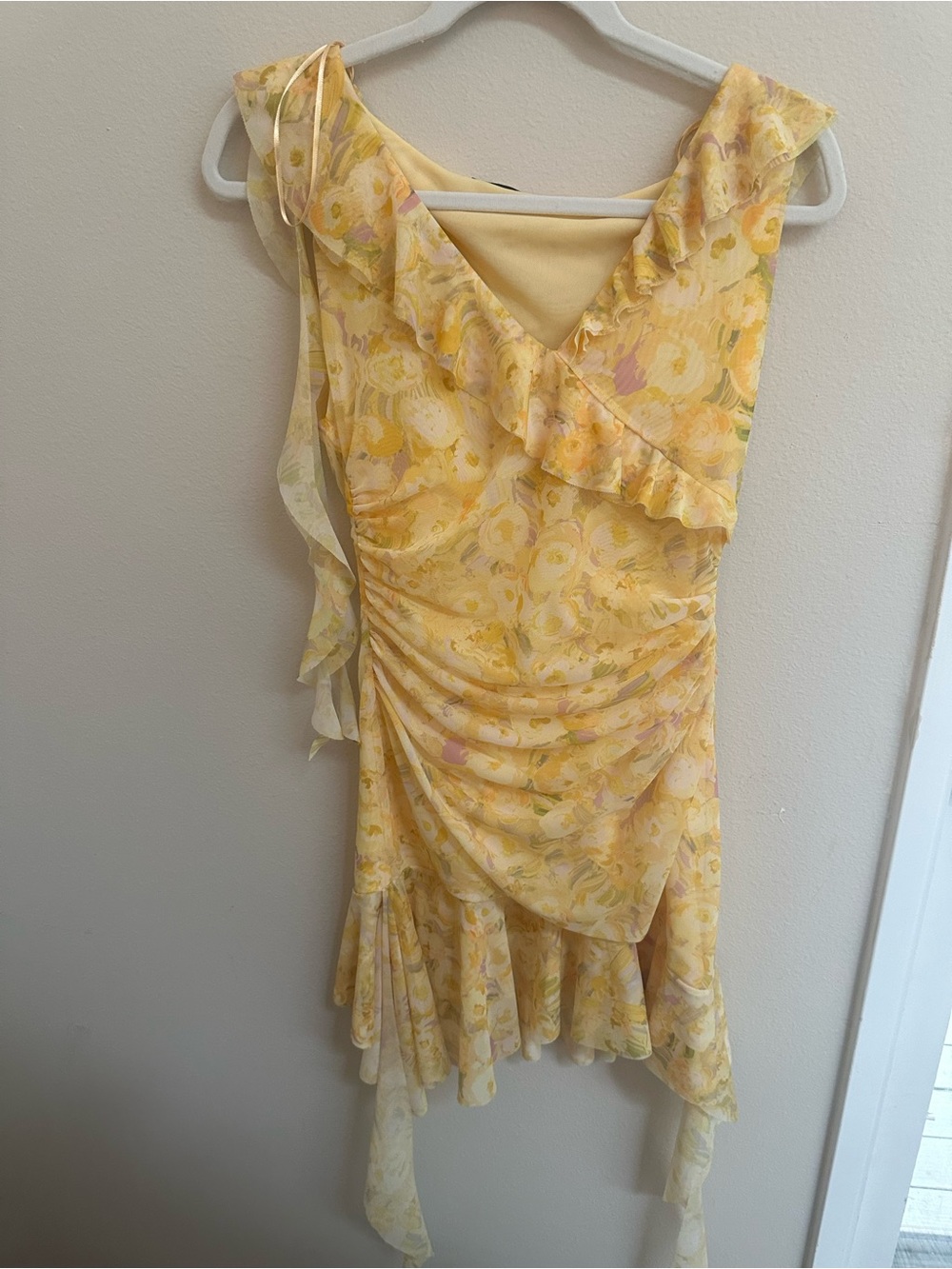 ZARA Yellow Floral Mesh Ruched Ruffle Dress Cocktail Wedding Guest L